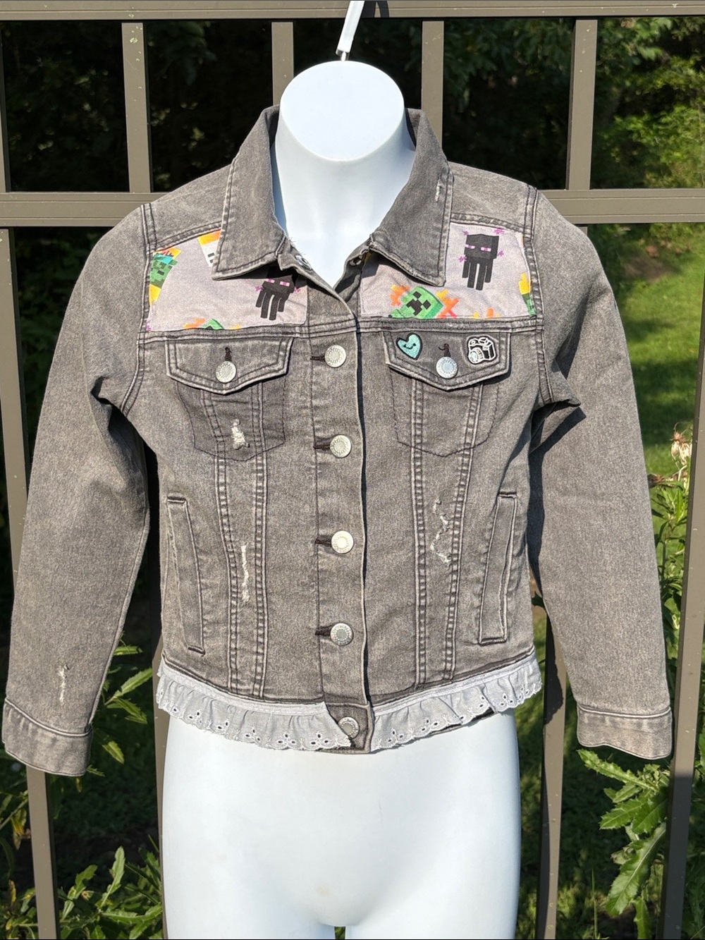 Minecraft Customized Gray Denim Jacket with White Ruffle Child Size Small (6-7)